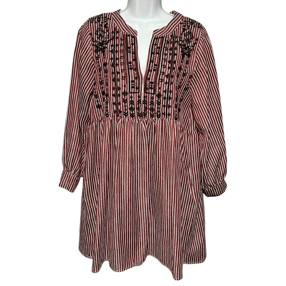 Velzera Red White Striped Babydoll Tunic Dress Small Long Sleeve V-Neck Pockets